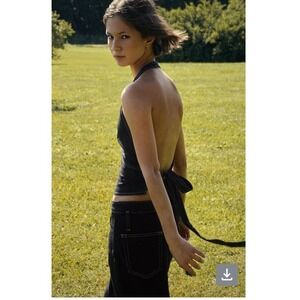 Zara Black Denim Contrast Stitch Halter Wrap Top and Wide Leg Pants Set NEW